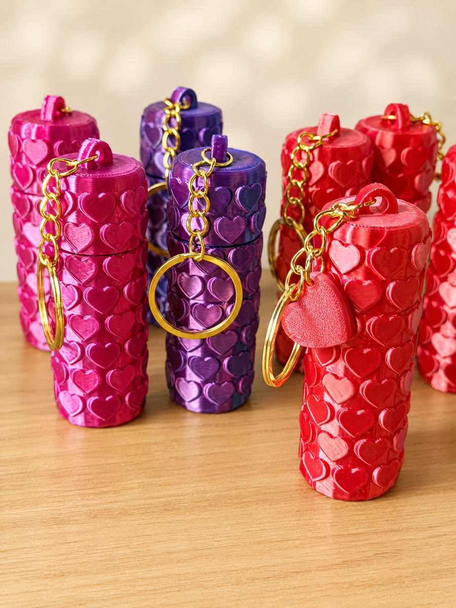 Chaveiros rosa, roxo e vermelho com corações
