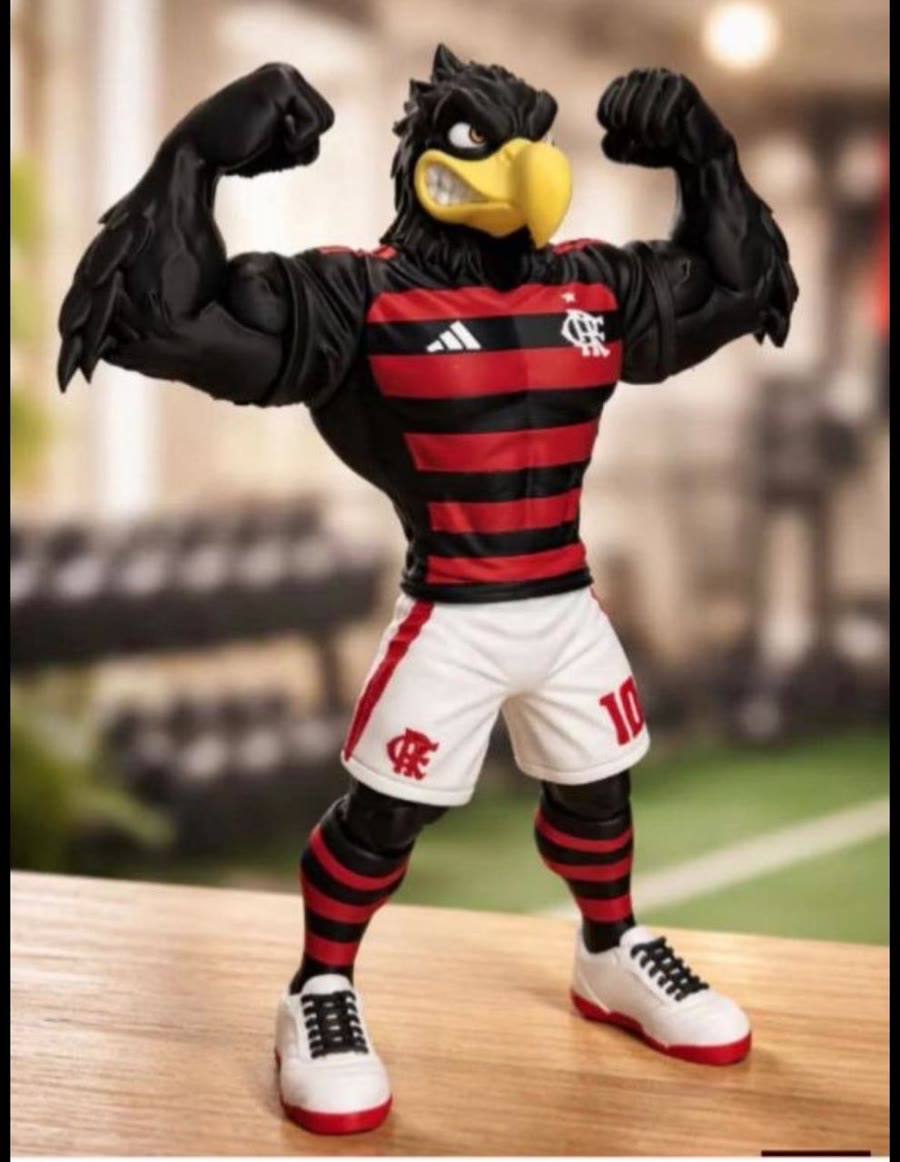 Mascote urubu de camisa listrada vermelha e preta
