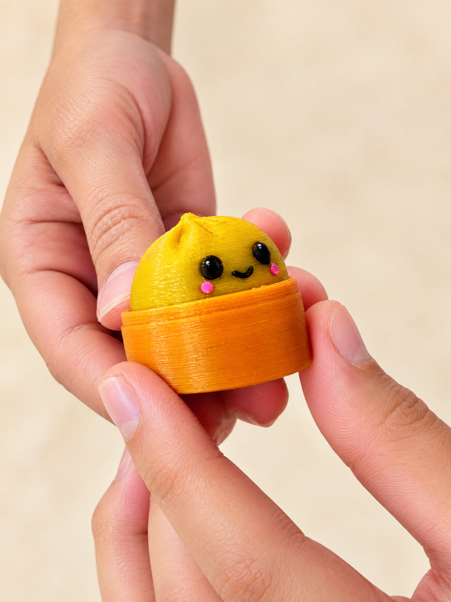 Mini bichinho amarelo dentro de um potinho laranja