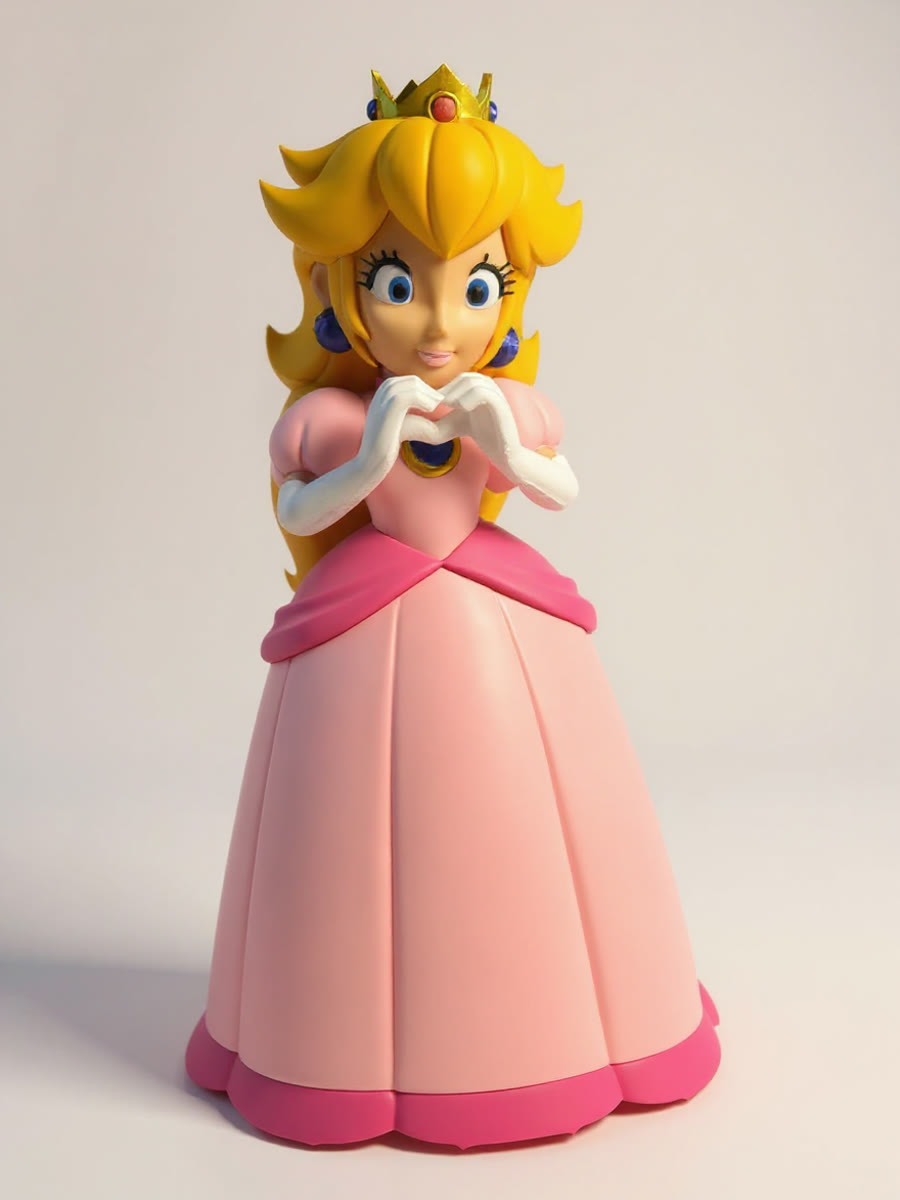 Boneca de princesa de vestido rosa fazendo coração com as mãos