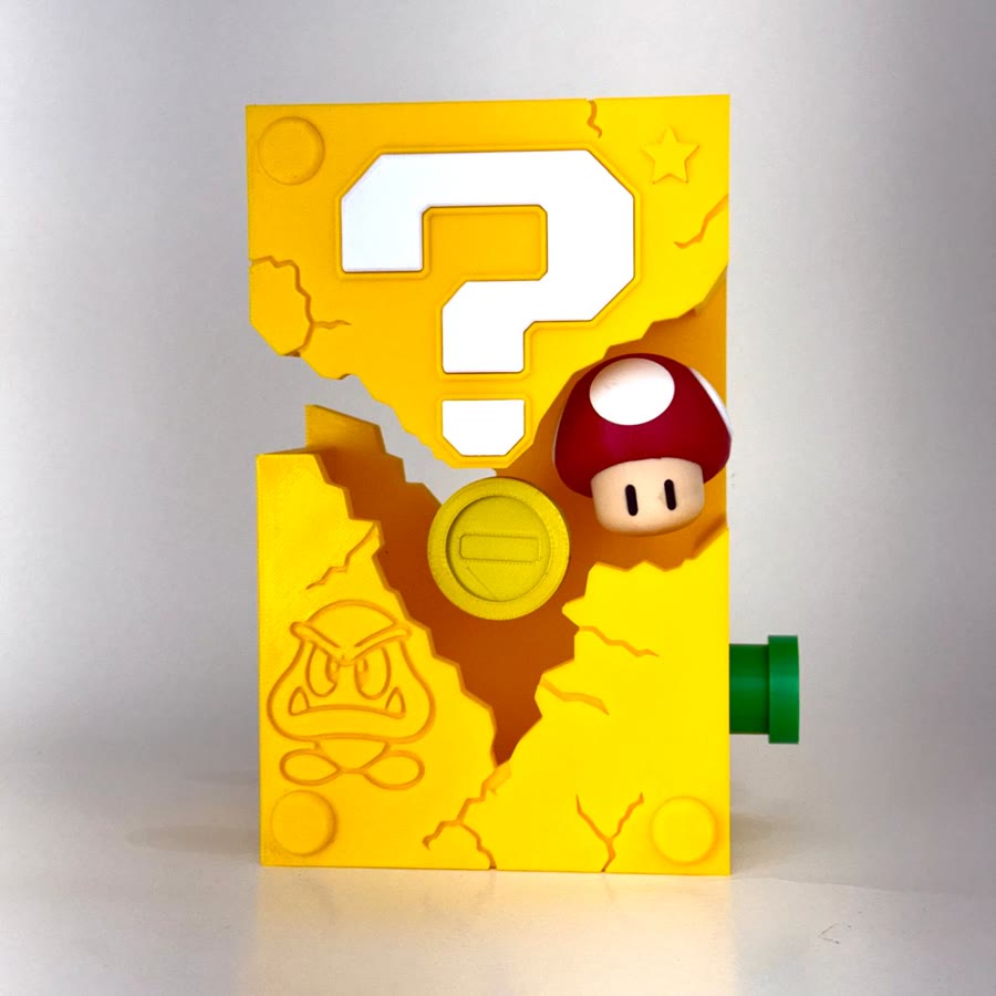 Quadro amarelo de bloco com interrogação e cogumelo
