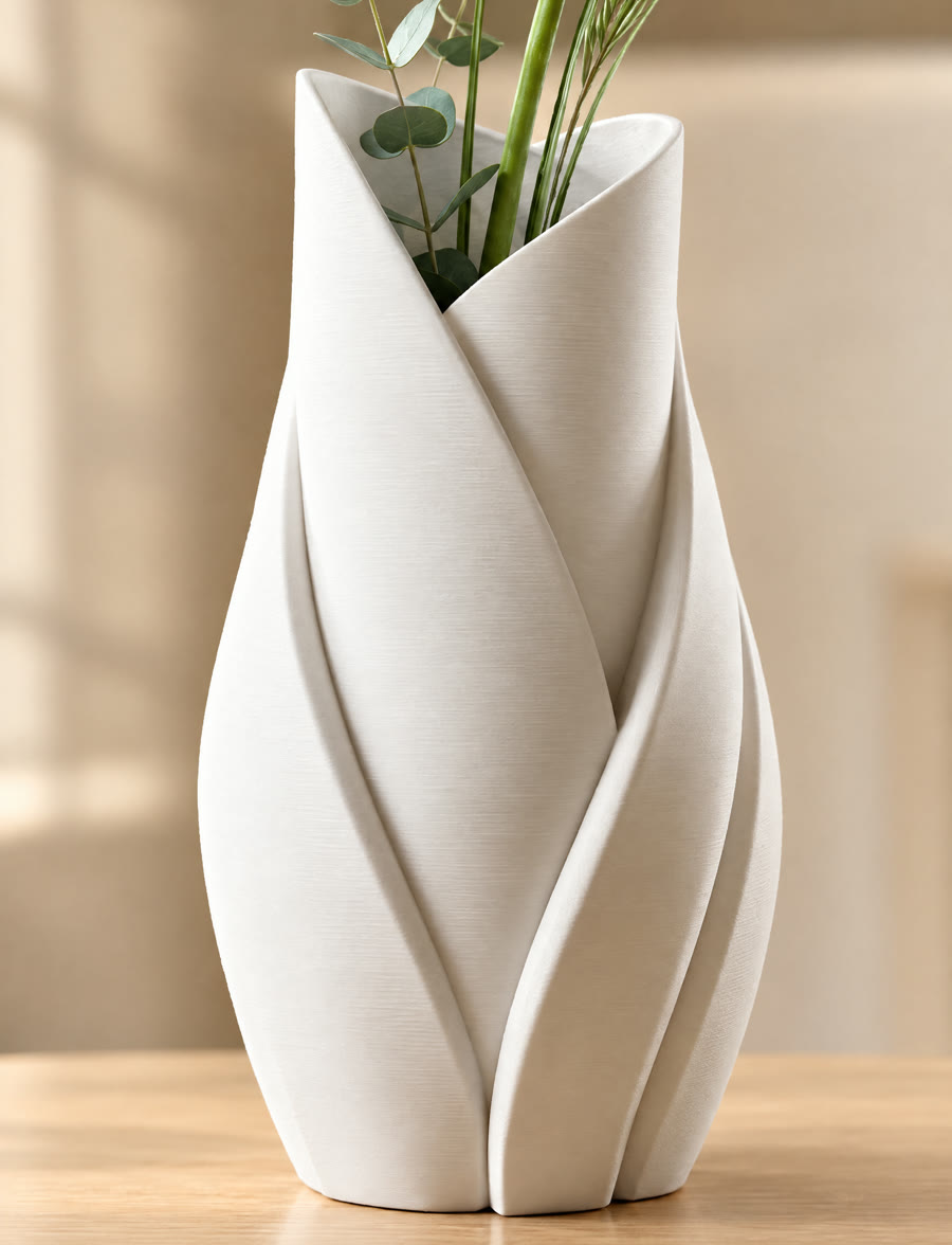 Vaso branco com pétalas em espiral